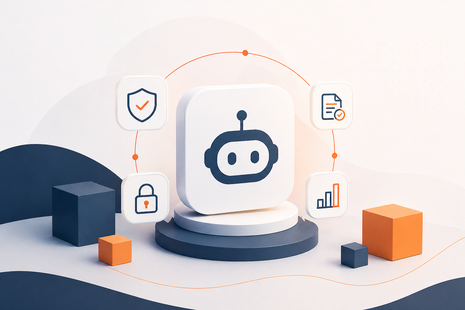 Illustratie van een AI-agent met iconen voor beveiliging, compliance en monitoring, die governance en controle van AI-systemen visualiseert.